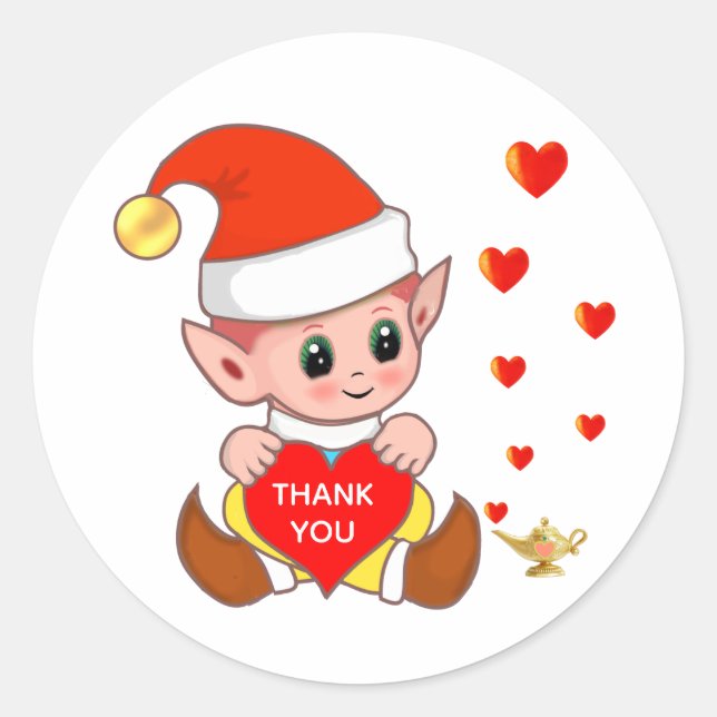 Sticker Rond Elfe mignon avec coeurs d'amour Merci (Devant)