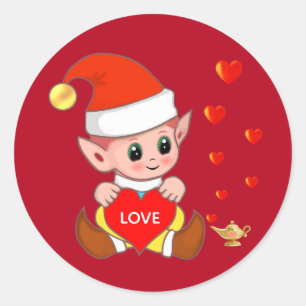 Sticker Rond Elfe mignon avec des cœurs d'amour sur fond rouge