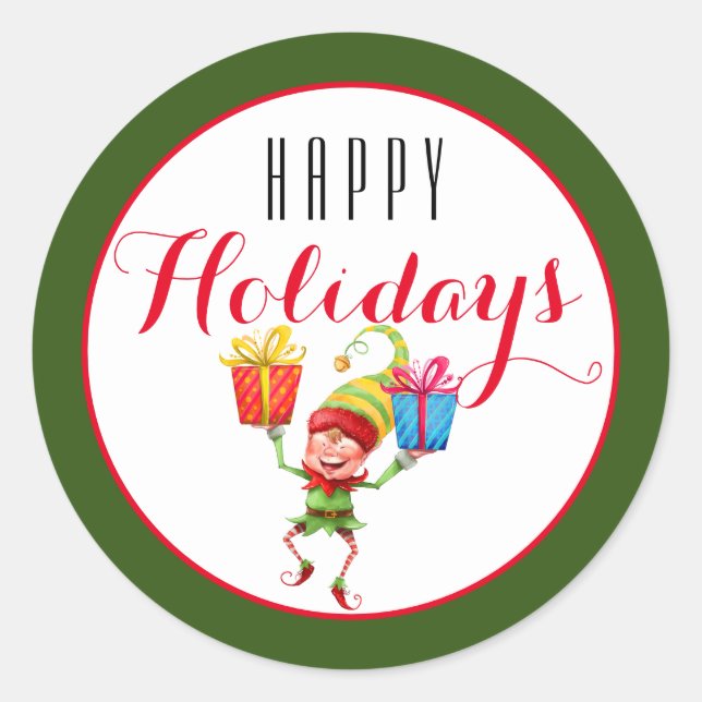 Sticker Rond Elfe mignonne avec cadeaux Joyeux vacances/vert (Devant)