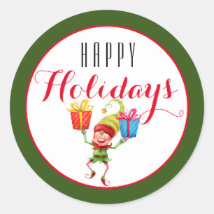 Sticker Rond Elfe mignonne avec cadeaux Joyeux vacances/vert
