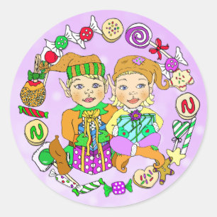 Sticker Rond Elfes lunatiques joyeux tirés par la main de Noë
