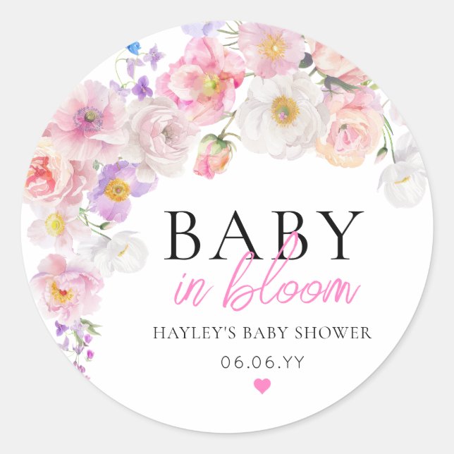 Sticker Rond Eloise Pink Floral Baby in Bloom Baby shower (Devant)