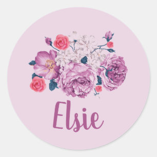 Sticker Rond Elsie Nom Floral Personnalisé Fleur Vintage Fille 