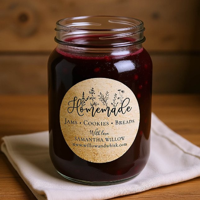 Sticker Rond Emballage personnalisé de produits faits maison Fl (custom packaging label homemade round botanical business drink food gift kraft black wild garden)