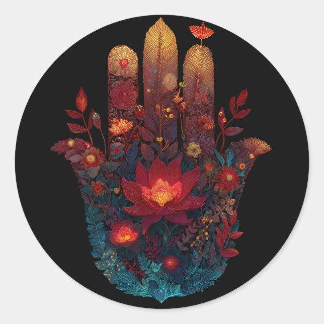 Sticker Rond Ember Lotus | Conception de la main Hamsa (Devant)