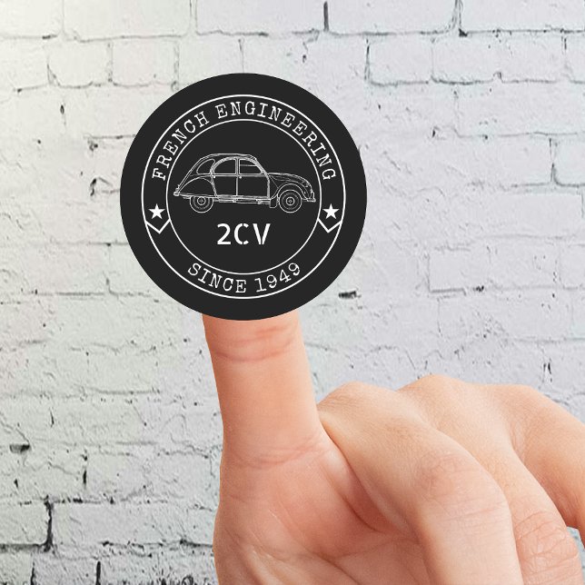 Sticker Rond Emblème de l'Ingénierie (2CV Round Sticker in Black with a White Badge Text Design and and Illustration of the Deux Chevaux )