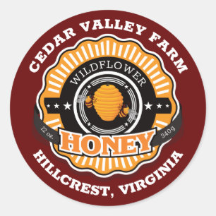 Sticker Rond Emblème de ruche miel jarre rouge foncé