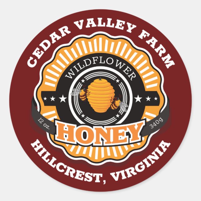 Sticker Rond Emblème de ruche miel jarre rouge foncé (Devant)