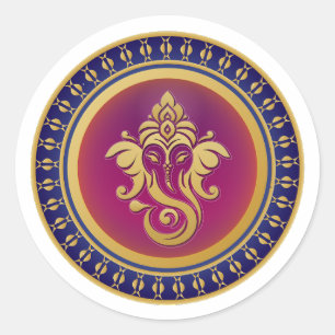 Sticker Rond Emblème Mandala Hindou Ganesha Or Luxe Bleu Royal