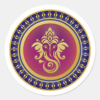 Sticker Rond Emblème Mandala Hindou Ganesha Or Luxe Bleu Royal