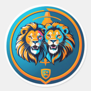 Sticker Rond Emblème vibrant de duo de lions à l'intérieur d'un
