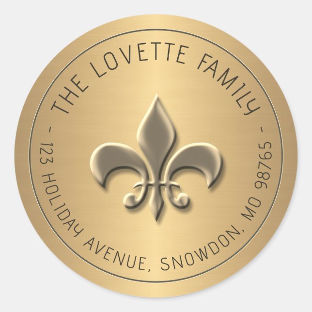 Sticker Rond Embossée Gold Fleur de Lis Holiday Adresse de reto (Devant)