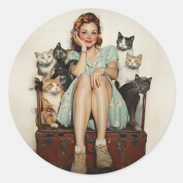 Sticker Rond Embracer les Vibes de Lady Cat Retro Crazy (Devant)