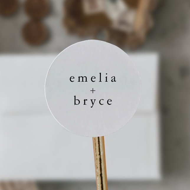 Sticker Rond EMELIA Unique Neutre Blanc Noir Rustique Mariage (EMELIA Unique Neutral White Black Rustic Wedding Classic Round Sticker)