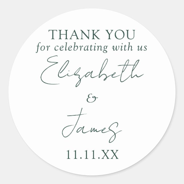 Sticker Rond Emerald Green Élégant Script Mariage Merci (Devant)