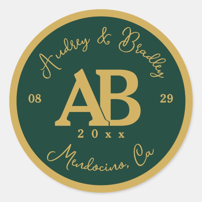 Sticker Rond Emerald Green et Gold 2 Lettre Monogramme Mariage (Devant)