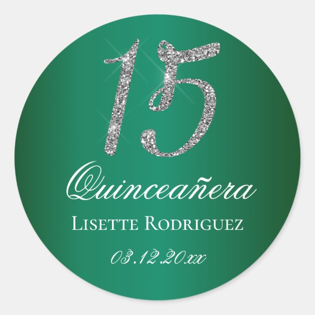 Sticker Rond Emerald Green Faux Parties scintillant 15 Quincean (Devant)