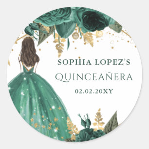 Sticker Rond Emerald Green Floral Princess Quinceanera
