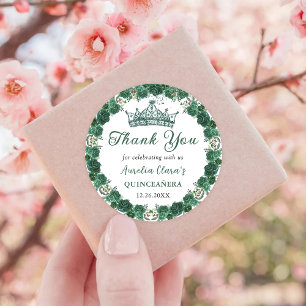 Sticker Rond Emerald Green Floral Quinceañera