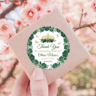 Sticker Rond Emerald Green Floral Tiara Butterfly Quinceanera