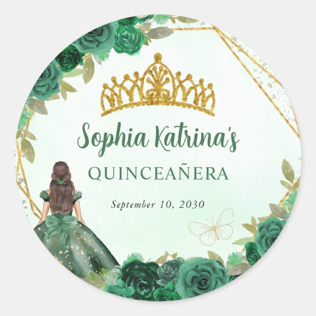 Sticker Rond Emerald Green Gold Floral Princess Tiara Favor (Devant)