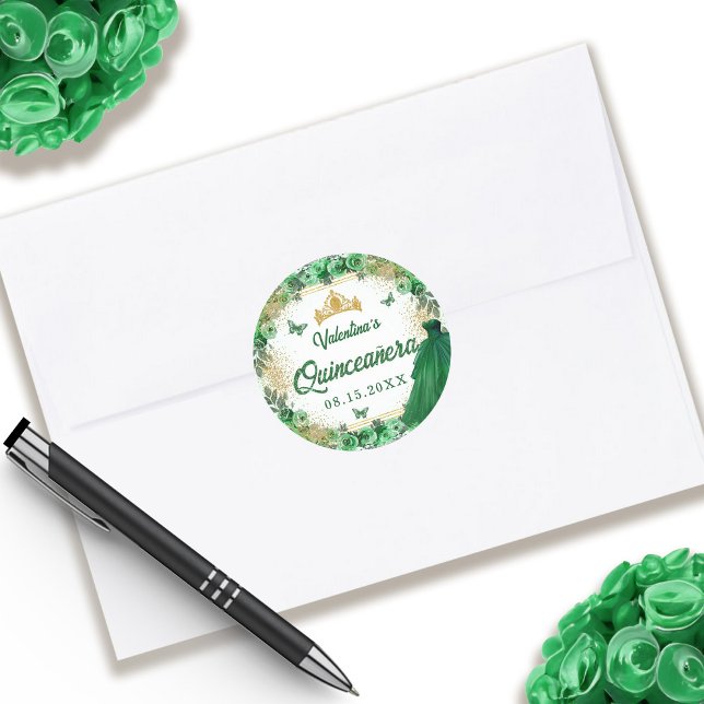 Sticker Rond Emerald Green Gold Parties scintillant Floral Quin (Emerald Green Gold Glitter Floral Quinceanera Classic Round )
