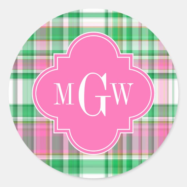 Sticker Rond Emerald Green Hot Pink Wht Preppy Madras (Devant)