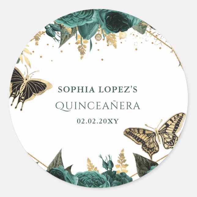 Sticker Rond Emerald Green Or Floral Elegant Quinceanera (Devant)