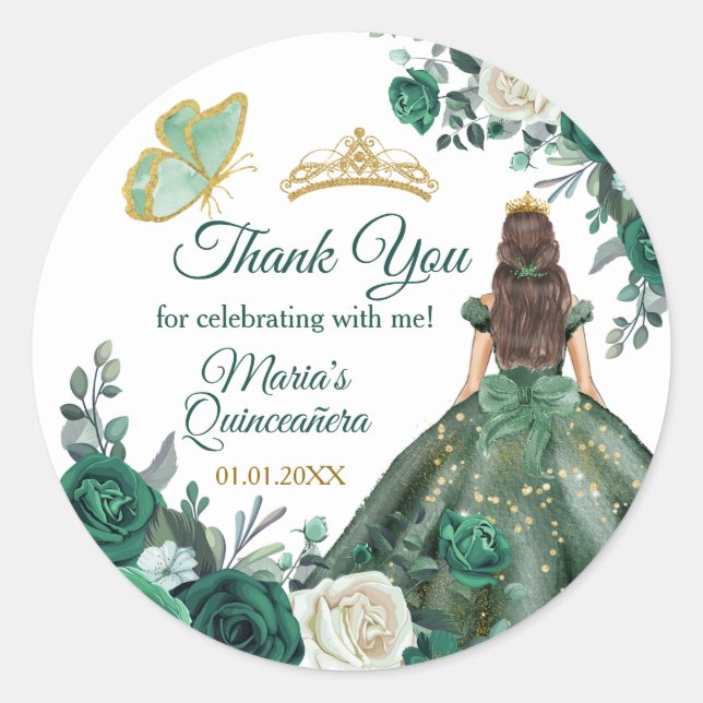 Sticker Rond Emerald Green Quinceañera Gold Crown (Devant)