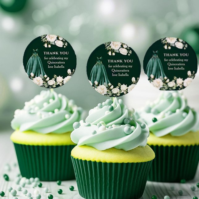 Sticker Rond Emerald Green Quinceanera Princess Robe Florale (Thank You stickers from the Princess Dress and Roses Quinceanera Collection by Darling & May)