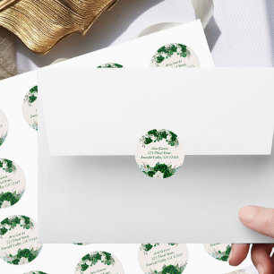 Sticker Rond Emerald Green Roses et Eucalytus Nom et adresse