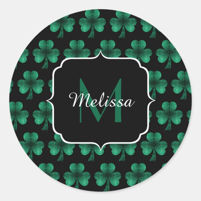 Sticker Rond Emerald Green Sparkle Shamrock noir Monogramme (Devant)
