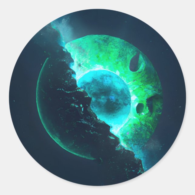 Sticker Rond Emerald Lunar Core Cracing Open DALL-E AI Art (Devant)
