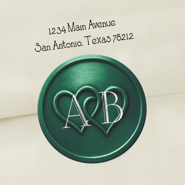 Sticker Rond Emerald Two Hearts Silver Monogram Wedding (Créateur téléchargé)