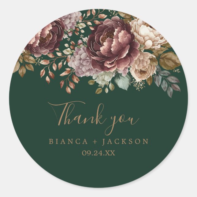 Sticker Rond Emerald vert Aquarelle Mariage floral Thankyou (Devant)