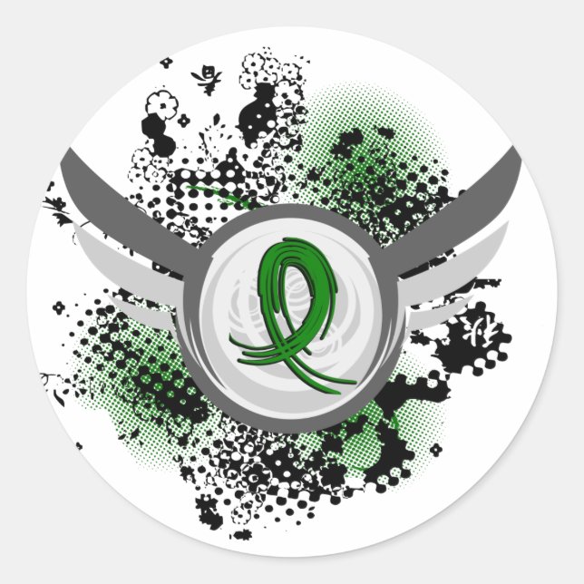 Sticker Rond Émeraude Vert Ruban Et Ailes Cancer Du Foie (Devant)