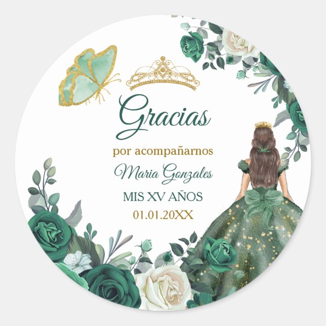 Sticker Rond Émeraude verte Quinceañera Favoriser Merci étiquet (Devant)
