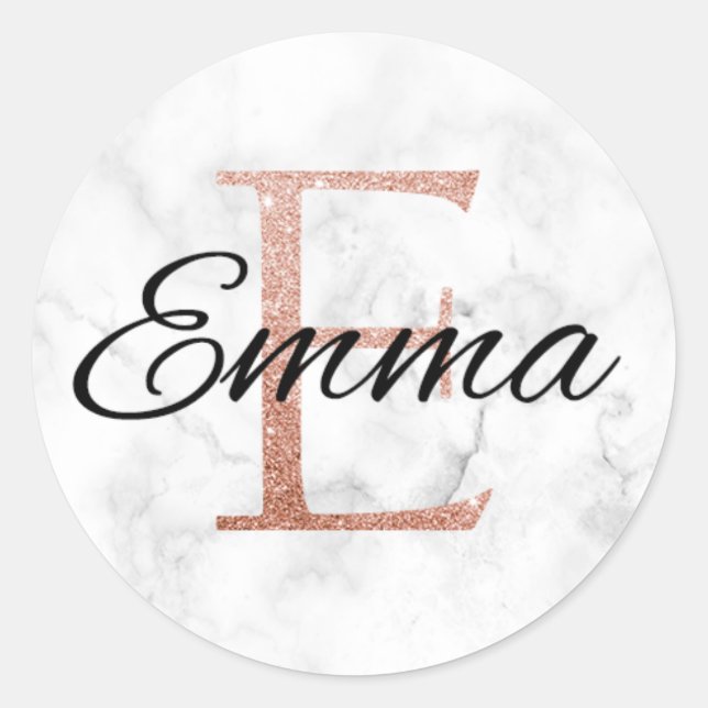 Sticker Rond Emma Rose Gold Glamor Marbre Monogramme E Inital (Devant)