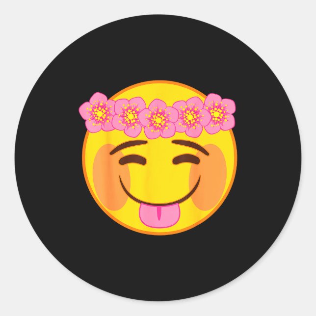 Sticker Rond Emoji Flower Crown Tongue Yellow Smile Face  (Devant)