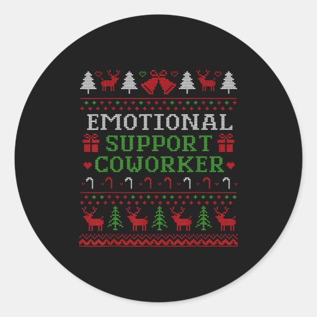 Sticker Rond Emotional Suprt Coworker Funny Ugly Christmas Swea (Devant)