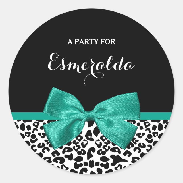 Sticker Rond Empreinte de léopard Emerald Green Ribbon Bow Nom  (Devant)