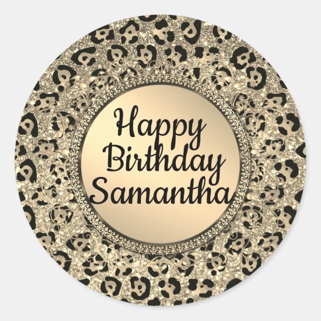 Sticker Rond Empreinte de léopard Gold Glam Parties scintillant (Devant)