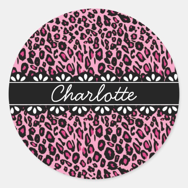 Sticker Rond Empreinte de léopard rose et dentelle tendance (Devant)