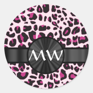 Sticker Rond Empreinte de léopard rose et monogramme