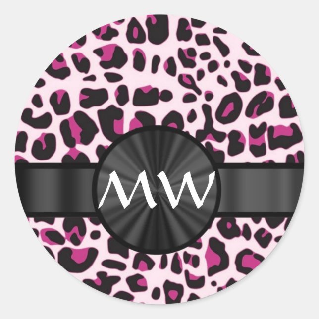 Sticker Rond Empreinte de léopard rose et monogramme (Devant)