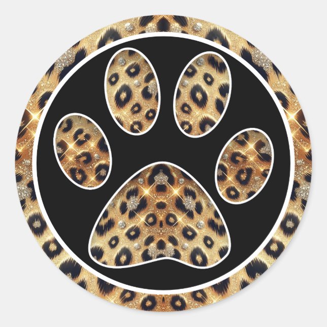 Sticker Rond Empreinte de patte avec éclat de léopard or et noi (Devant)