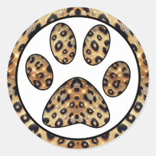 Sticker Rond Empreinte de patte avec éclat de léopard or et noi