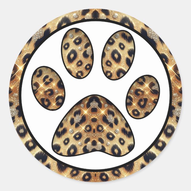 Sticker Rond Empreinte de patte avec éclat de léopard or et noi (Devant)