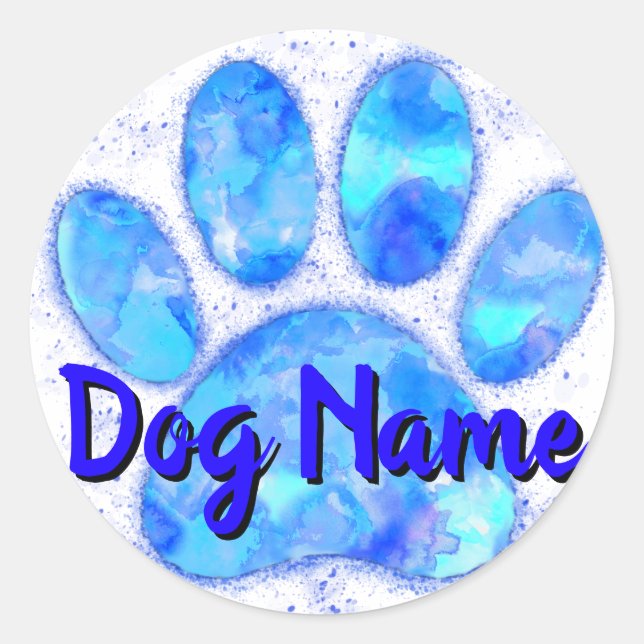 Sticker Rond Empreinte de patte de chien d'aquarelle bleu avec  (Devant)