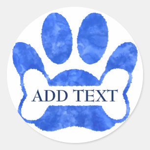 Sticker Rond Empreinte De Patte De Chien Et Os Aquarelle Bleue